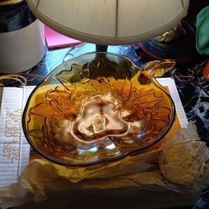 Vintage Indiana Glass amber 3 piece salad set in original box